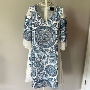 Just..Taylor Bell Sleeve Blue Palm Print Dress